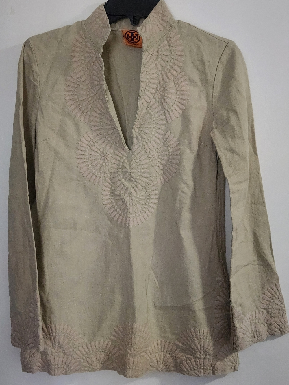 Tory Burch Tunic Shirt Womens Size 0 Beige 100% Linen Embroidered Floral Top